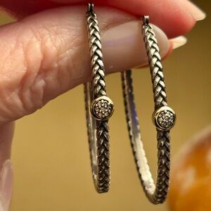 T&C Sterling Silver 14K YG Braided Oval Hoop Earrings with Diamond Accents